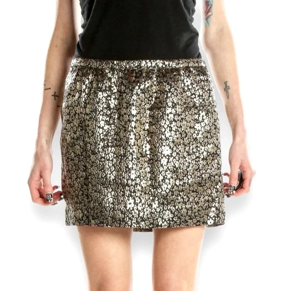 J. Crew Collection Silk Metallic Silver Navy Formal Print Mini Skirt Size 2